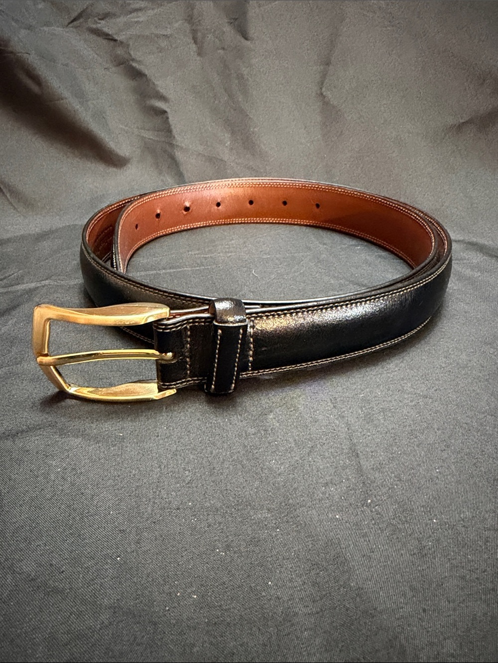 Perry Ellis Black Leather Belt with Brown Interior and Gold Buckle